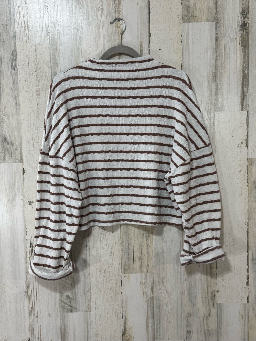 Striped Cropped Long-Sleeve Textured Oversized Crop Top White & Brown